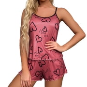 GDREDA Summer Pajamas for Women Women Print Sleepwear Sexy Push Up Two Pieces Sleeveless Shorts Set Sexy Underwear Sleepwear Suit Pajamas Women Pajama Sets pyjamas Red,S