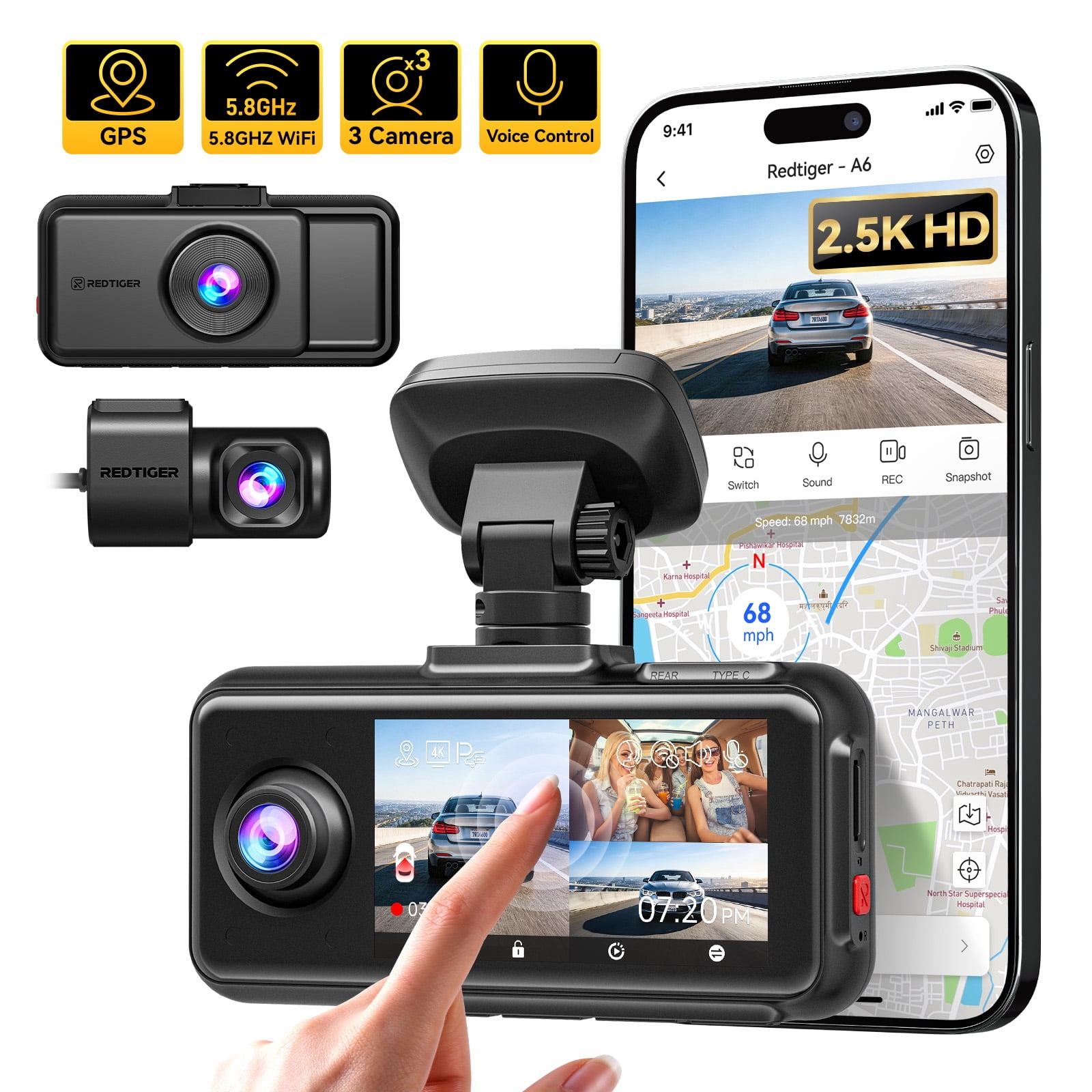 REDTIGER A6 3 Channel Dash Cam , 2.5K+1080P+1080P,Triple Dash Cam with WiFi & GPS, Triple Dash Camera, Loop Recording, Night Vision(SD Card Not Included)