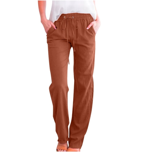 Dealovy Womens Plus Size Cotton Linen Pants High Waist Drawstring Loose Summer Lounge Trousers with Pockets