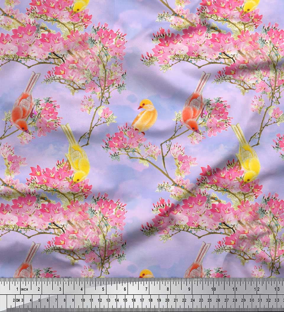 Soimoi Purple polyester Crepe Fabric Floral & Pigeon Bird Print Fabric by The Yard 52 Inch Wide