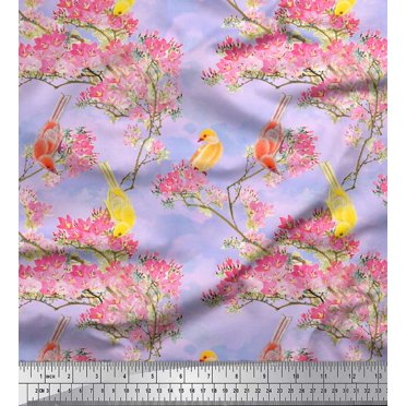 Soimoi Purple Cotton Poplin Fabric Floral & Pigeon Bird Decor Fabric Printed BTY 42 Inch Wide