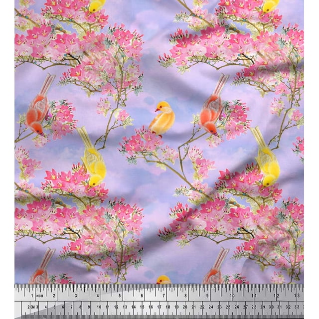 Soimoi Purple Rayon Fabric Floral & Pigeon Bird Decor Fabric Printed BTY 42 Inch Wide