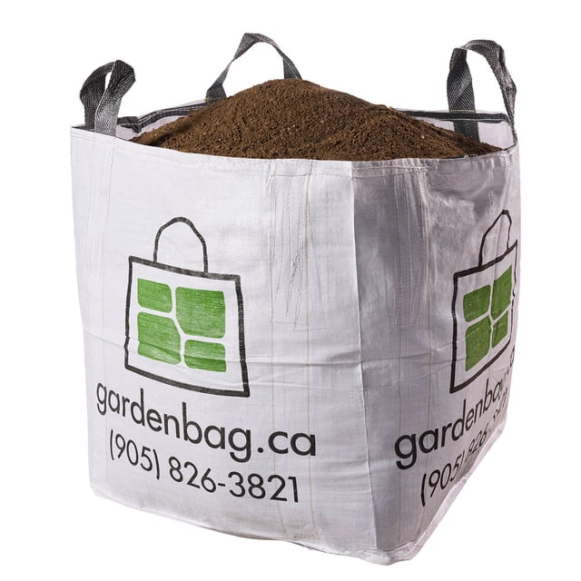 Coarse Sand in a large white woven Garden Bag with black handles, filled with dark brown washed sand used for cement mixing and fine grading of interlocking pavers or tiles, branded with gardenbag.ca and phone number, 1 cubic yard (765L) capacity, often used for landscaping projects in Mississauga and nearby areas.