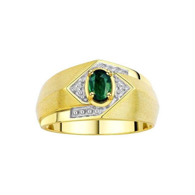 RYLOS Mens Rings Yellow Gold Plated Silver Ring 6X4MM Oval Shape Gemstone & Diamond Ring Green Sapphire Birthstone Rings For Man Silver Rings, Size 13