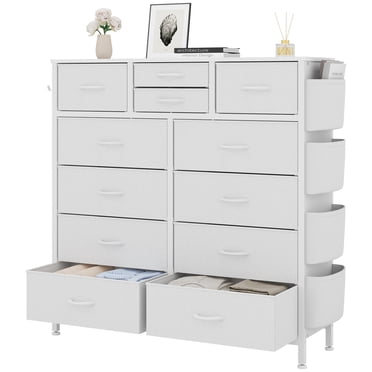 LainTene Commode à 12 Tiroirs pour Chambre à Coucher, Tour Organisatrice de Garde-Robe en Tissu avec Dessus en Bois, Cadre en Métal pour Vêtements, Pièce, Salon, Couloir, Blanc
