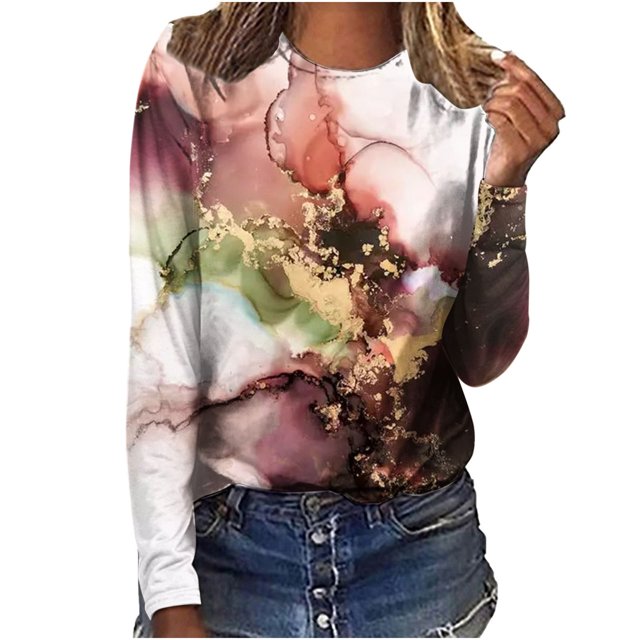 IROINID en Solde T-Shirt à Manches Longues en Polyester pour Femmes Confortable Dames Col Rond Hauts Amples T-Shirts Imprimés Blouse, Rouge