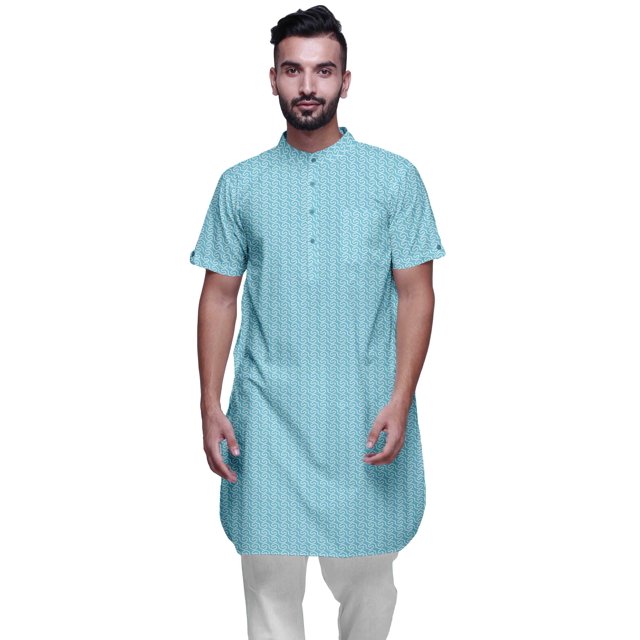 Atasi Kurta Imprimé pour Hommes Col Mandarin Chemise Kurta Décontractée en Batiste de Coton