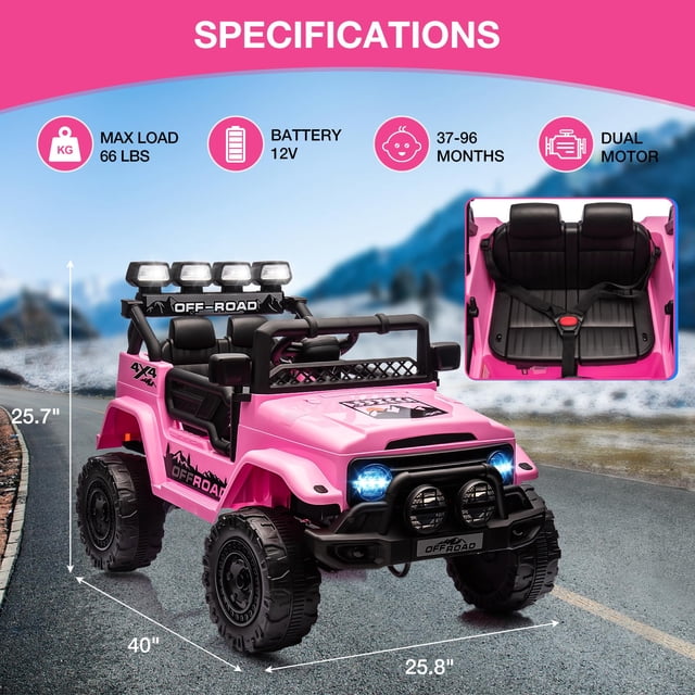BeesClover 12V Ride On Truck Car, Battery Powered Car w/Remote Control, Spring Suspension, LED Lights, Bluetooth, 3 Speeds, Electric Car for Kids