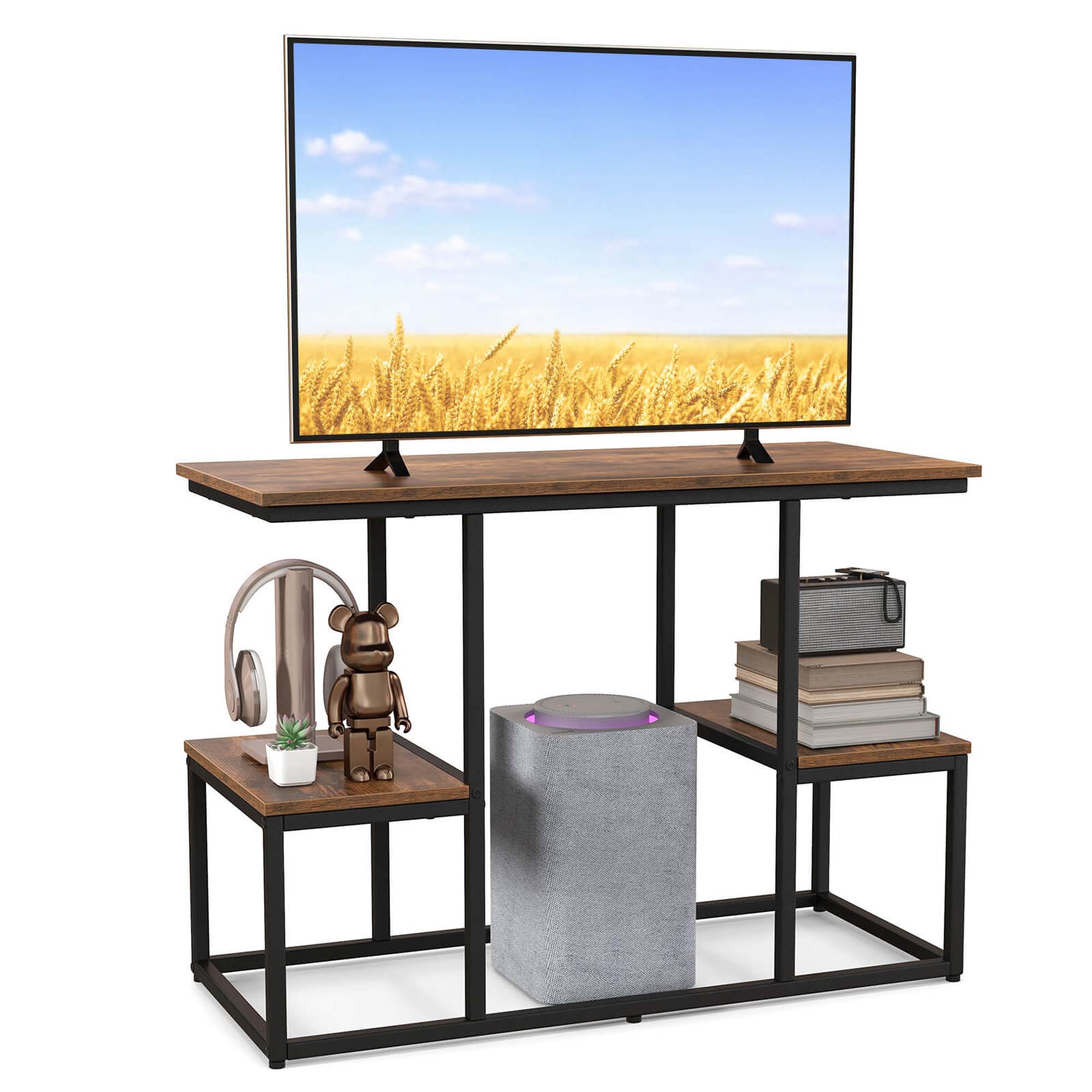 Costway Table Console Rustique pour Téléviseurs de 50 Pouces Table de Canapé Industrielle avec Étagères de Rangement Ouvertes Brun Rustique