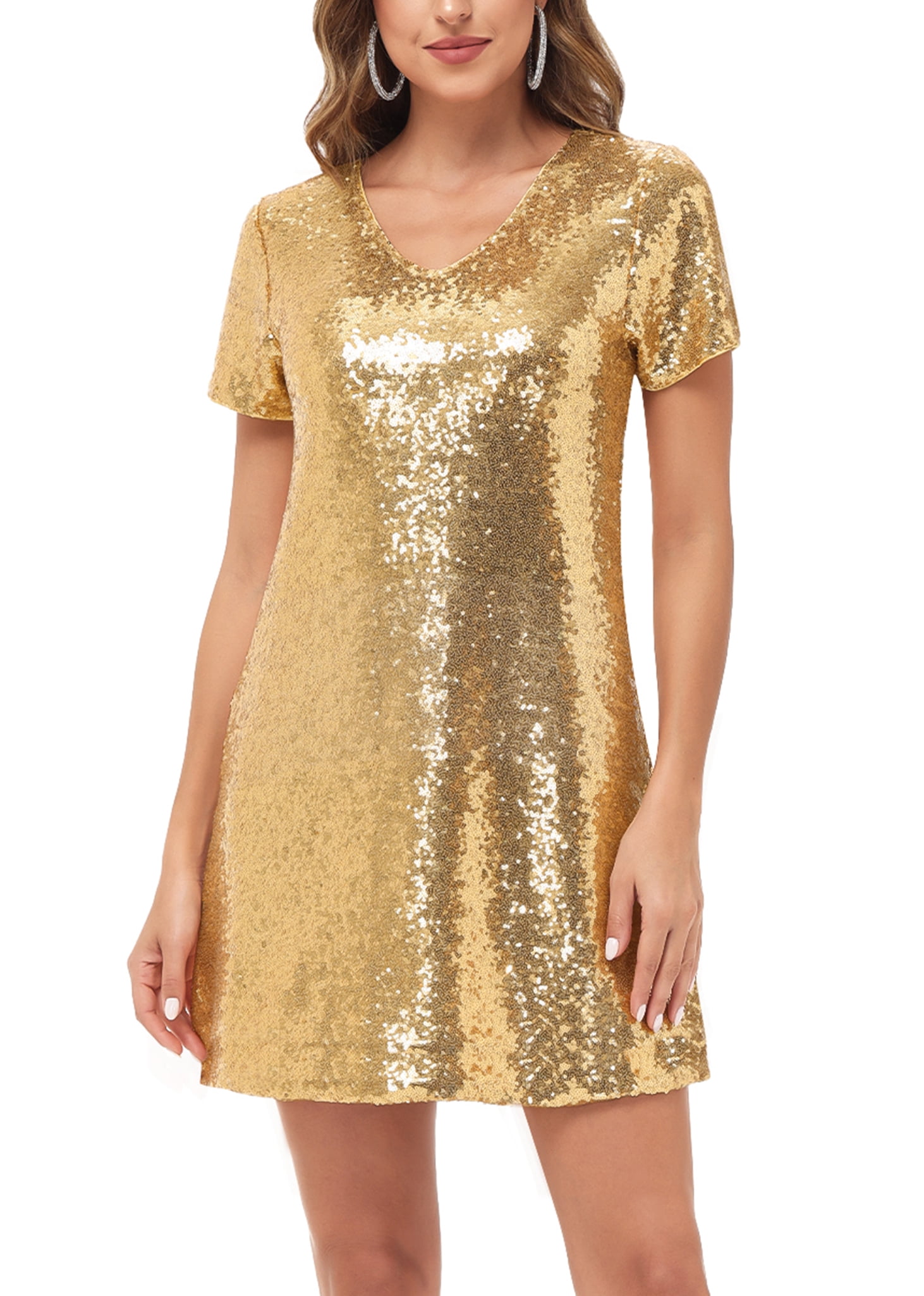 Sparkly Glitter Sequins Dance Disco Party Concert Short Sleeve V-Neck Shift T-Shirt Mini Dress, Gold, Small