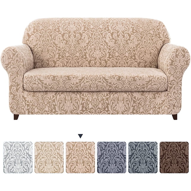 Subtrex Extensible 2 Pcs Lavable Fauteuil/causeuse/sofa/TG-Sofa Slipcover avec Motif Damassé jacquard en beige. The Slipcover Présente un design Surélevé et Texturé et Est Fabriqué à Partir de 95 % polyester et 5 % Élasthanne pour la Durabilité et l'Élasticité. Il Comprend des Coins Élastiques Intégrés pour un Ajustement Sécuritaire et Convient à Diverses Tailles de sofa, Y Compris des Fauteuils, des Causeuses et des sofas jusqu'à 118 Pouces de Large. The Slipcover Est Lavable à la machine et Convient aux Maisons