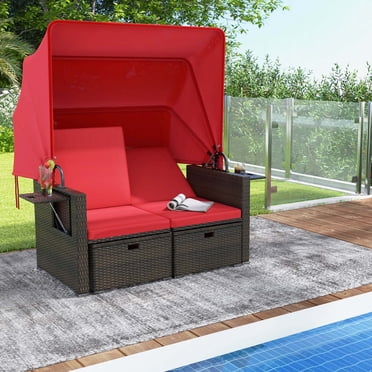 Costway Lit de Jour en Rotin pour Patio Extérieur avec Auvent Rétractable et Dossiers Réglables Rouge