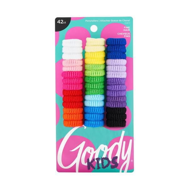 Goody Kids Ponytailers Mini Terry - 42Ct featuring 42 terry cloth-covered elastic hair ties in assorted bright colors arranged in three vertical columns on a teal and pink card, designed for fine hair with no metal clasps for gentle, tangle-free hold ideal for children's hairstyles.