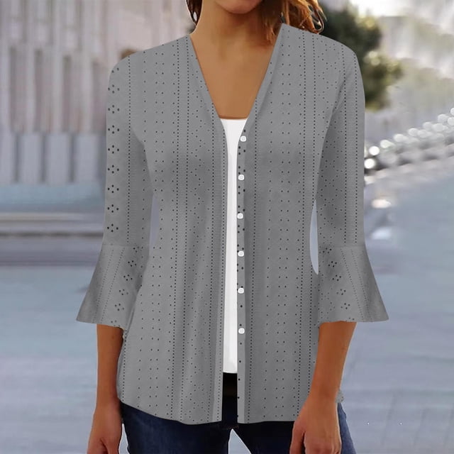 VKOYWKM 3/4 Length Sleeve Womens Tops Trendy Eyelet Embroidery Tees Button Down V Neck Pullover Tops Solid Color Ruffle Bell Sleeve Tunic Blouses