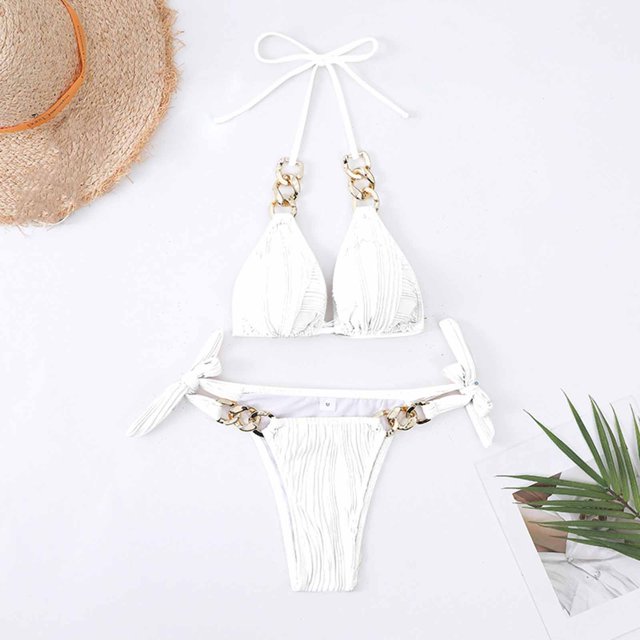 zanvin Womens High Waisted Bathing Suits Bikini Sets Two Piece Swimsuits in white, size S. This swimwear features a halter-style bikini top with gold chain accents and matching high-waisted bottoms with adjustable side tie closures. Made from nylon and spandex, it is perfect for beach sunbathing, swimming, yachting, and swim costume parties.