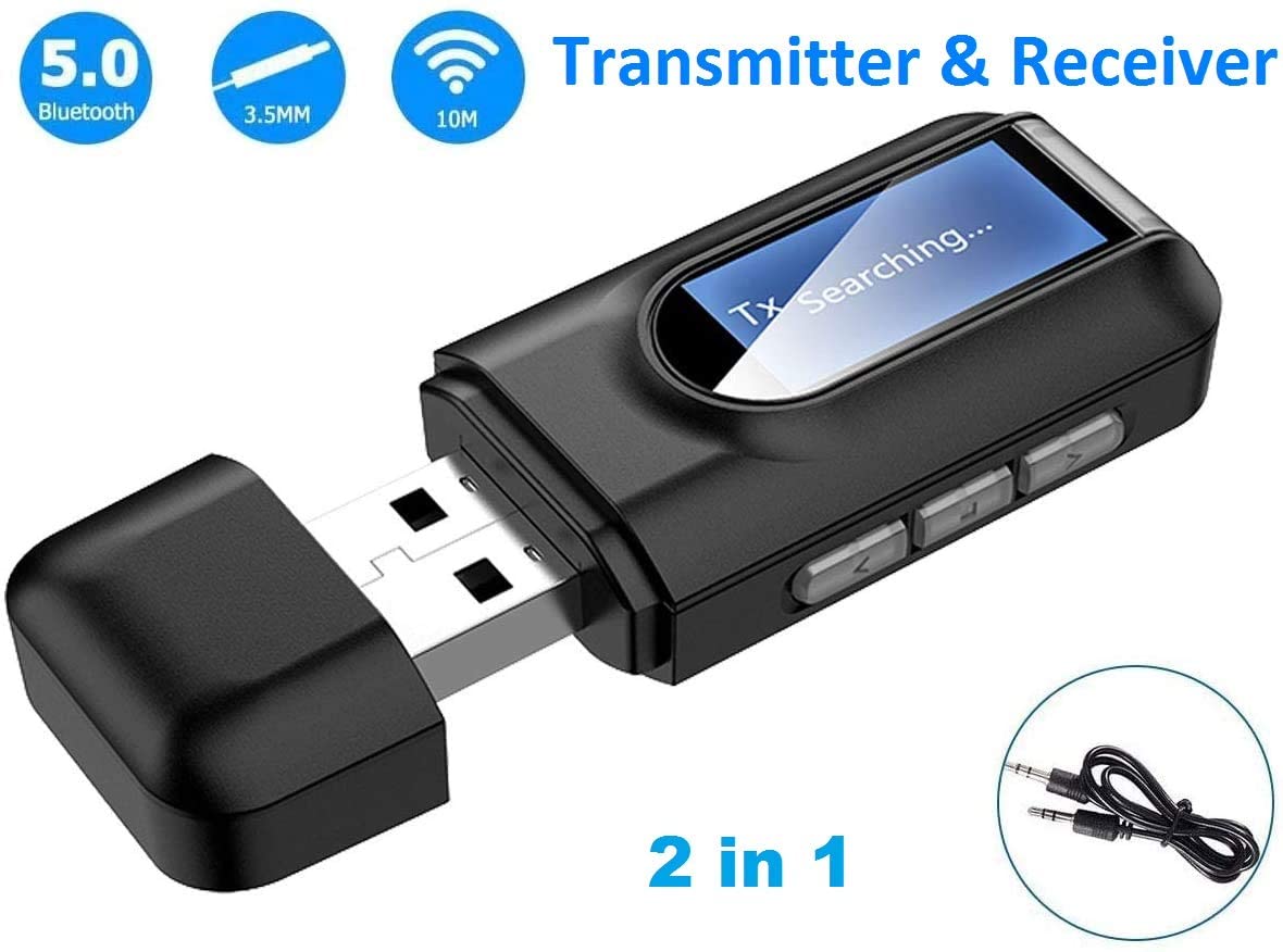 Bluetooth Adapter,2-in-1 Wireless Bluetooth Transmitter Receiver with LED Display Wireless Audio Adapter for TV/PC/Wired Speaker/Headphones/Car/Home Music Stream Stereo System (Black)