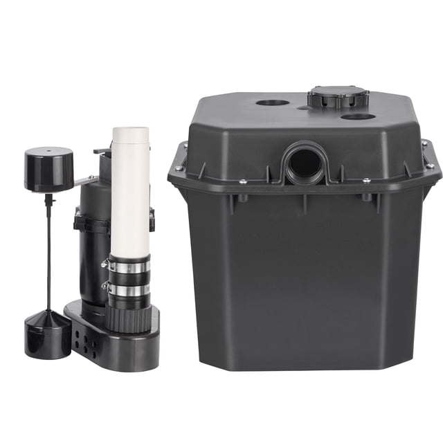 KFFKFF Utility Sink Pump Laundry Sink Drain Pump System with 1/2 HP motor, 3500 GPH flow rate, and 28ft head. The image shows the pump system, including a black drainage bucket with a 6-gallon capacity, a vertical switch, and a discharge pipe. The pump features a durable cast aluminum housing and a compact design for easy installation. Suitable for handling hot and cold water, it is ideal for basements, laundry sinks, and spaces without proper drainage.