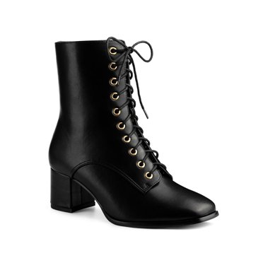 BLISSFUL STEP Bottes pour Femmes à Lacets à Talons Blocs Bottines de Combat Noires 8