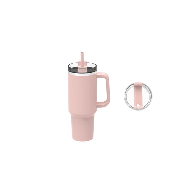 Mainstays stainless steel tumbler in light pink with a large handle and double-wall insulation, featuring a clear lid with a built-in straw and an additional clear lid with a pink slider, ideal for kids' beverage storage and easy carrying.