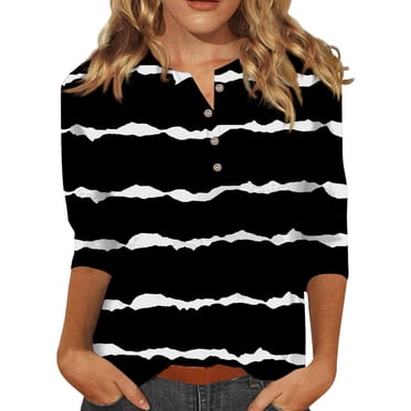 WTXUE T-Shirts 3/4 Sleeve, Crew Neck Shirts for Women's Button up 3/4 Length Sleeve T Shirt Top Striped Casual Tops for Women Black/Striped L