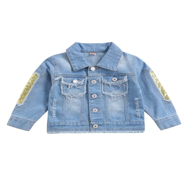 Kid Girls Ripped Denim Jackets Coats Long Sleeve Sequin Patchwork Button Down Coats Outerwear Blue 9-10 Years