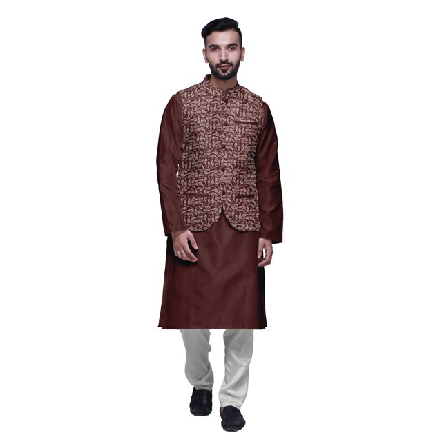 Atasi Ensemble de Pyjama Kurta Churidar Ethnique avec Veste Nehru Imprimée pour Hommes