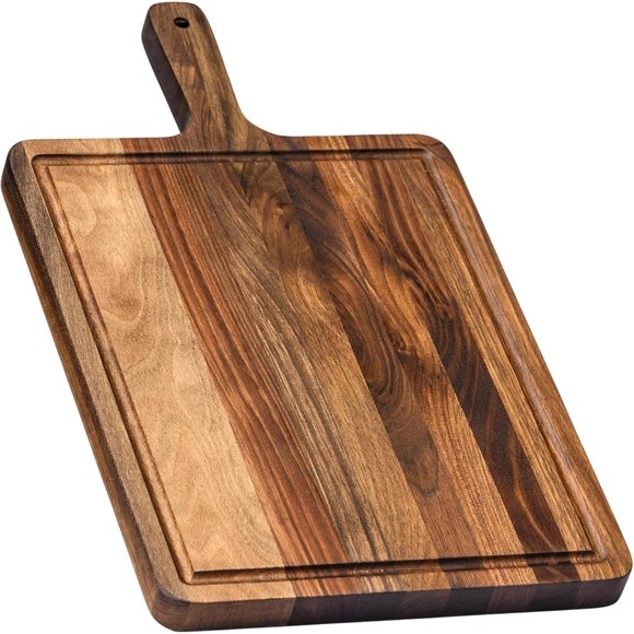 Premium American Dark Walnut Wood Cutting and Serving Board with Handle - Charcuterie Wooden Board - Durable, Stylish, and Versatile - Juice Groove - 16x9x0.8 in - Woodie Poppins