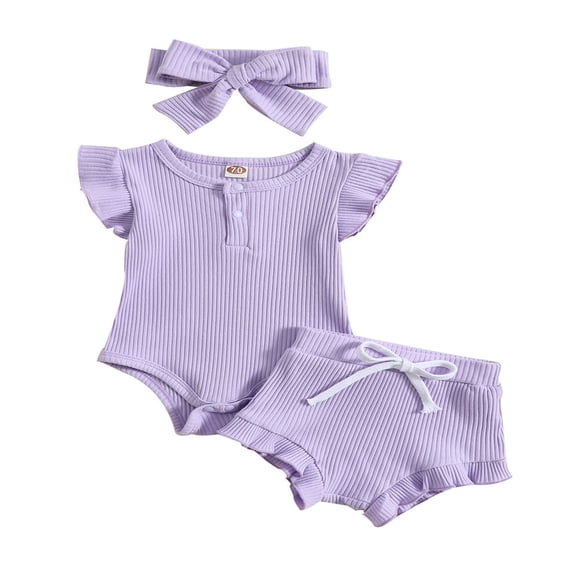 MesaSe Newborn Baby Girls Summer Clothes Infants Girls Knit Short Sleeve Romper Tops+Shorts+Headband 3pcs Sets Pink 12-18 Months