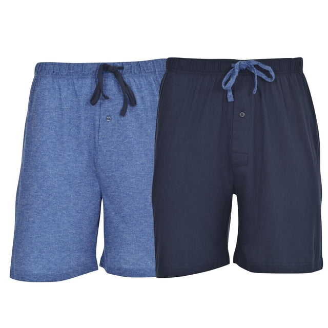 Hanes Mens 2pk sleep short includes two men's jersey lounge sleep shorts in blue and navy, each with a drawstring elastic waistband, button fly, and on-seam pockets, made from cotton-rich jersey fabric suitable for comfortable sleepwear or casual lounging.