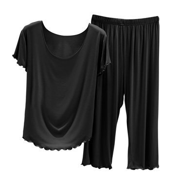 Timegard Ensembles de Pyjamas pour Femmes Été Col Rond Manches Courtes T-Shirt Pantalon Capri Couleur Unie Tenues de Pyjama