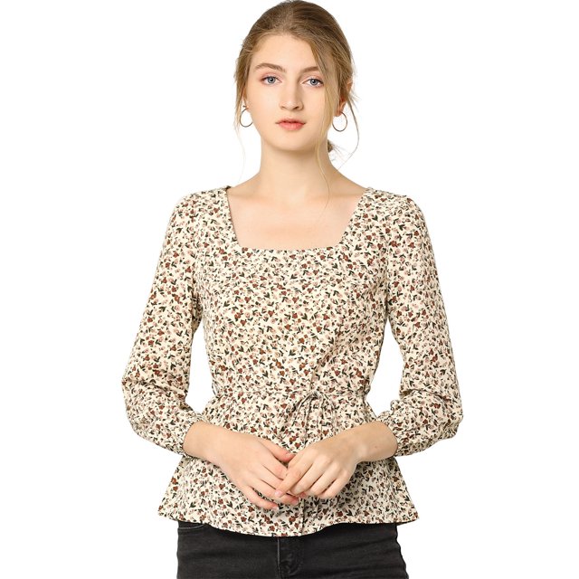 INSPIRE CHIC Blouse à Manches Longues à Encolure Carrée Florale pour Femmes Beige P