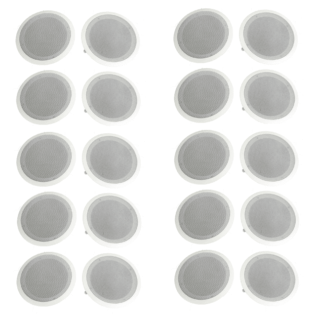 Pyle 8 Inch 500W 2 Way In Wall Ceiling Home Speakers System (Pair) (10 Pack) featuring 20 flush-mount speakers with white frames and mesh grilles. Designed for in-wall and in-ceiling installations, these speakers include polymer dome tweeters, 8-inch mid-bass drivers, and high-temperature voice coils for rich stereo sound. Perfect for home theatre or office audio setups, the system offers 500W total power output and includes cut-out templates for easy installation. Often used for custom audio installations in living rooms or conference spaces.