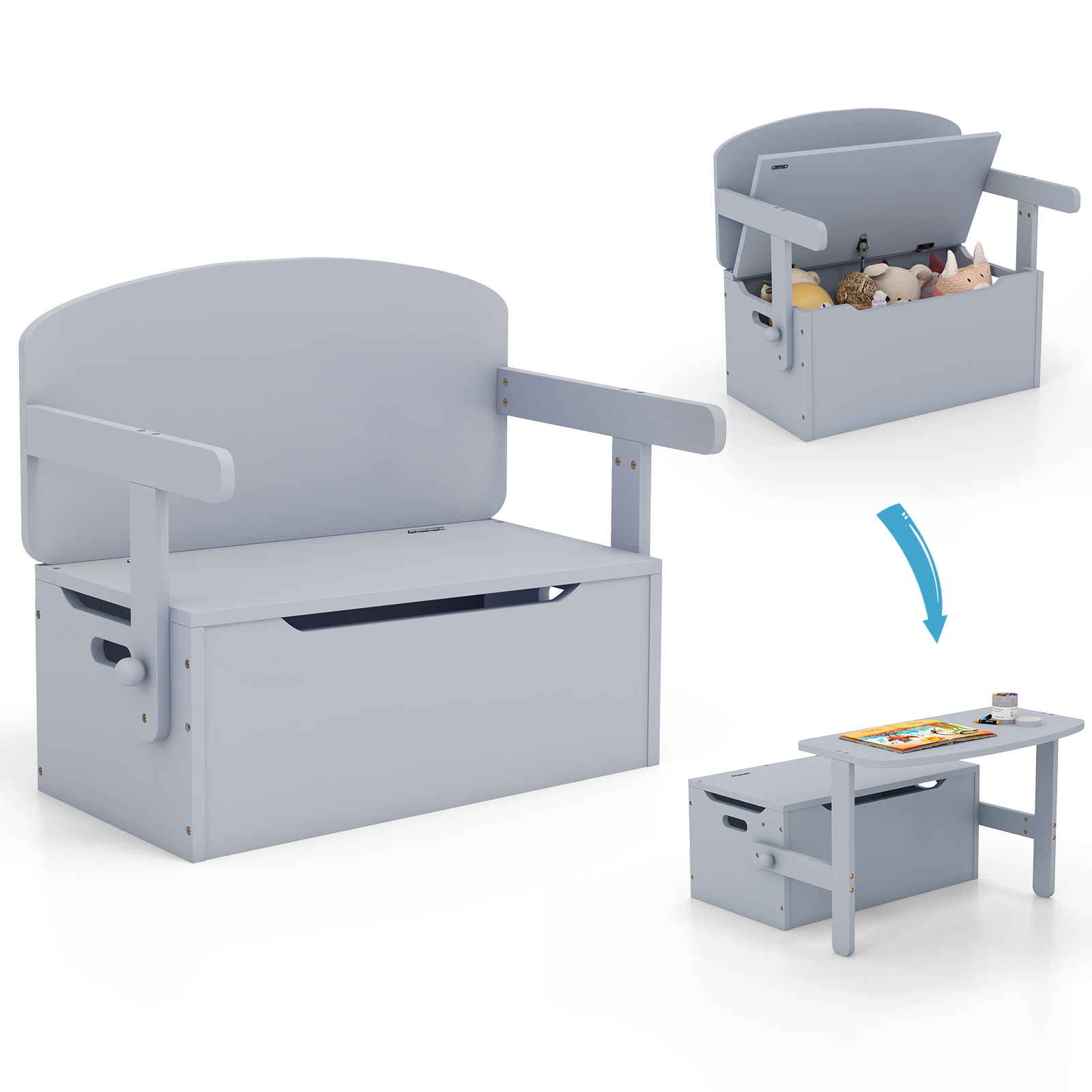 Costway Banc de Rangement Convertible 3-en-1 pour Enfants Ensemble Table et Chaises d'Activité en Bois Gris