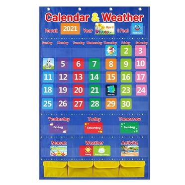 Tableau de Poche de Calendrier de Classe avec 114 Cartes, Calendrier Scolaire de 44.5 "pour l'Apprentissage des Enfants, Calendrier Mensuel et Tableau de Poche Météo pour la Maison