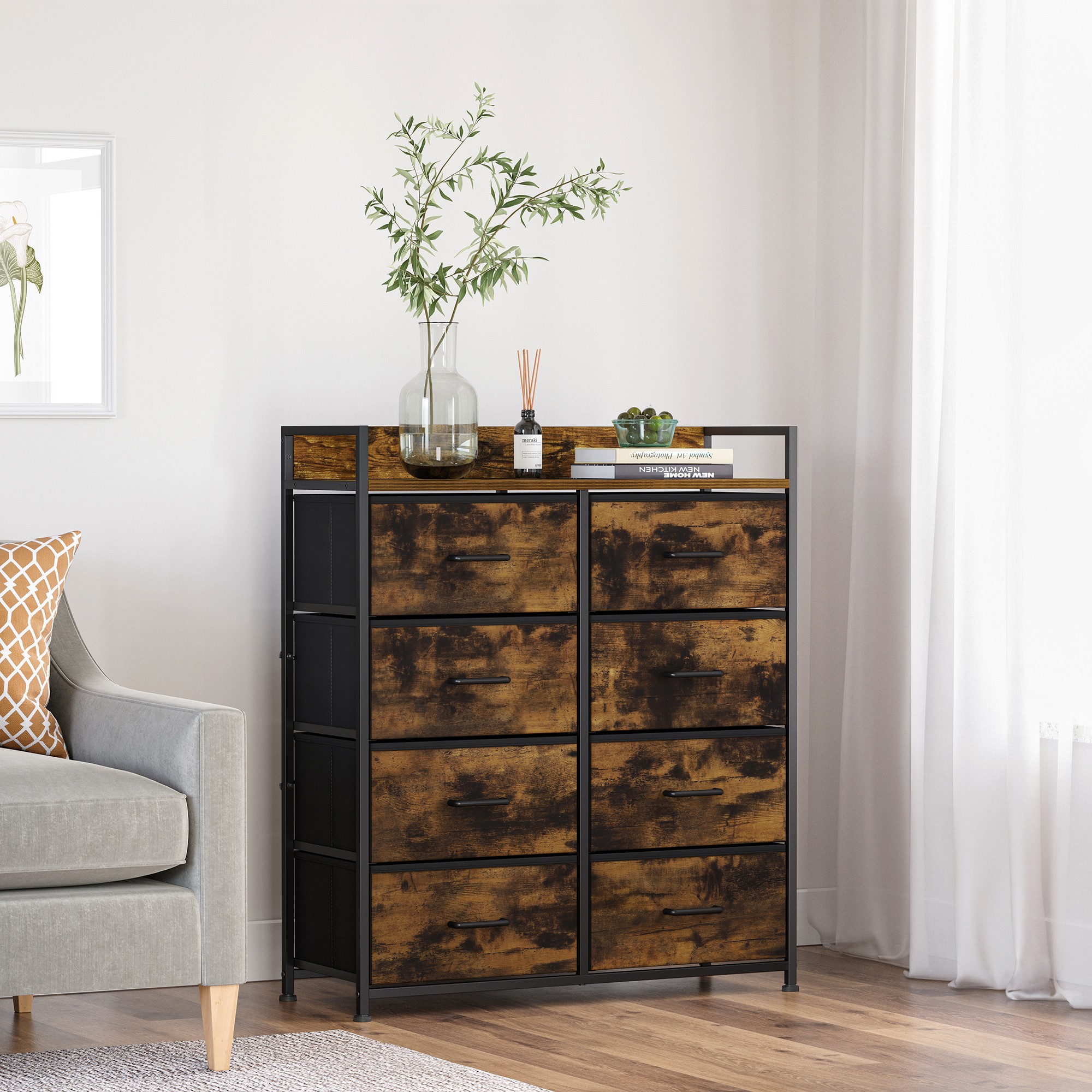 SONGMICS HOME Drawer Dresser, Closet Storage Dresser, Chest of Drawers, 8 Fabric Drawers and Metal Frame with Handles