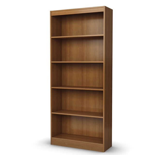 South Shore Smart Basics 5-Shelf Bookcase in medium wood tone with five open shelves including one fixed and three adjustable shelves, shown front-facing on white background, ideal for storing books, binders, or decorative items in office or home.