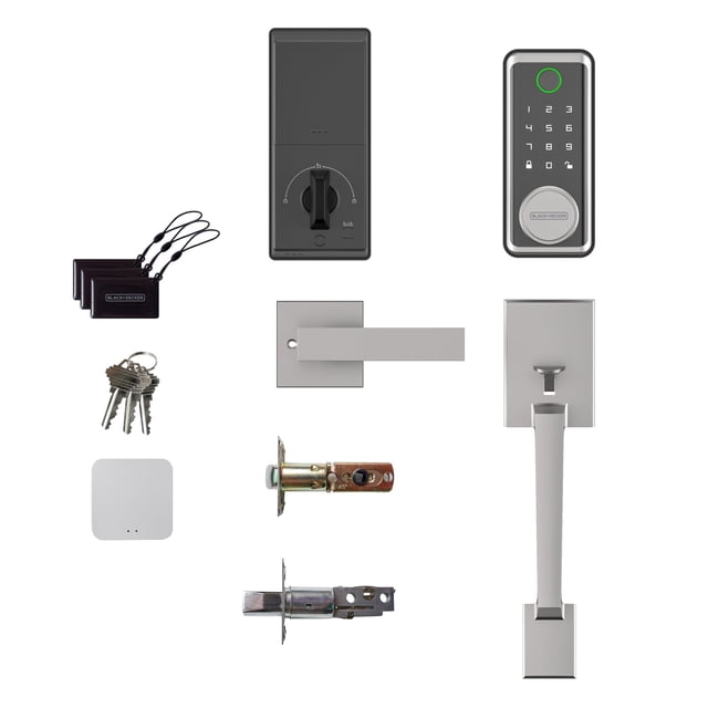 BLACK+DECKER Smart Lock avec Clavier, Concentrateur de Passerelle et Poignée de Porte d'Entrée, Fini Argent. Comprend un Clavier, un Mécanisme de Verrouillage Intérieur, des Cartes RFID, des Clés Physiques, un Loquet Ajustable et une Passerelle Bluetooth pour l'Accès à Distance et le Contrôle par Application. Idéal pour une Entrée Sécurisée Sans Clé et des Mises à Niveau du Matériel de Porte.