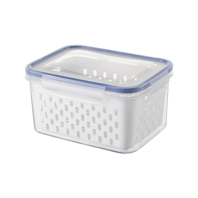 Fresh Produce Vegetable Fruit Storage Containers with a clear plastic design, airtight leak-proof locking lid, and removable colander. Suitable for fridge organization, keeping fruits, vegetables, and meats fresh, and reducing fridge odor. Space-efficient, microwave-safe, and dishwasher-safe.