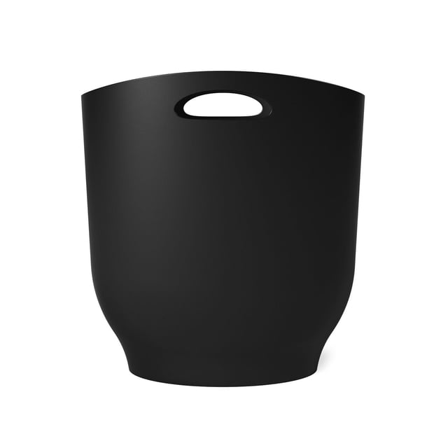 Harlo Can Black, a slim black polypropylene trash can with a tapered base and integrated handle, holding 2.4 gallons (9 liters), designed for tight spaces like under sinks or desks, easy to clean with a damp cloth.