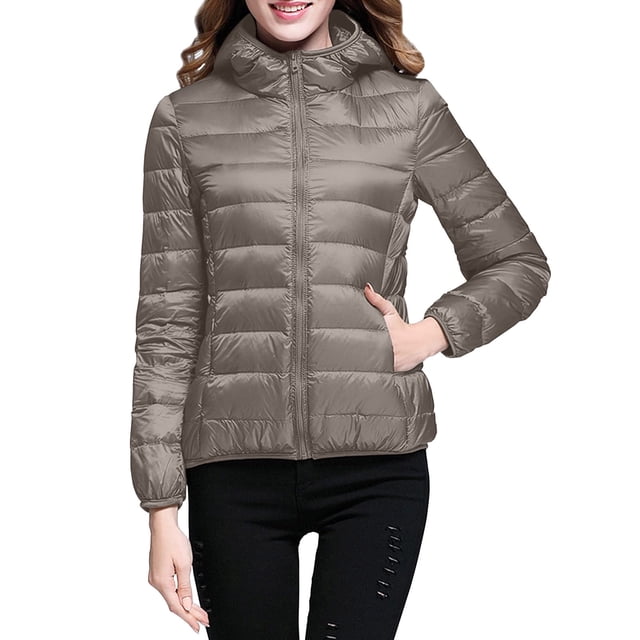 Packable down Jacket, Lightweight Hooded Puffer, White Duck down Coat Khaki S , Coat