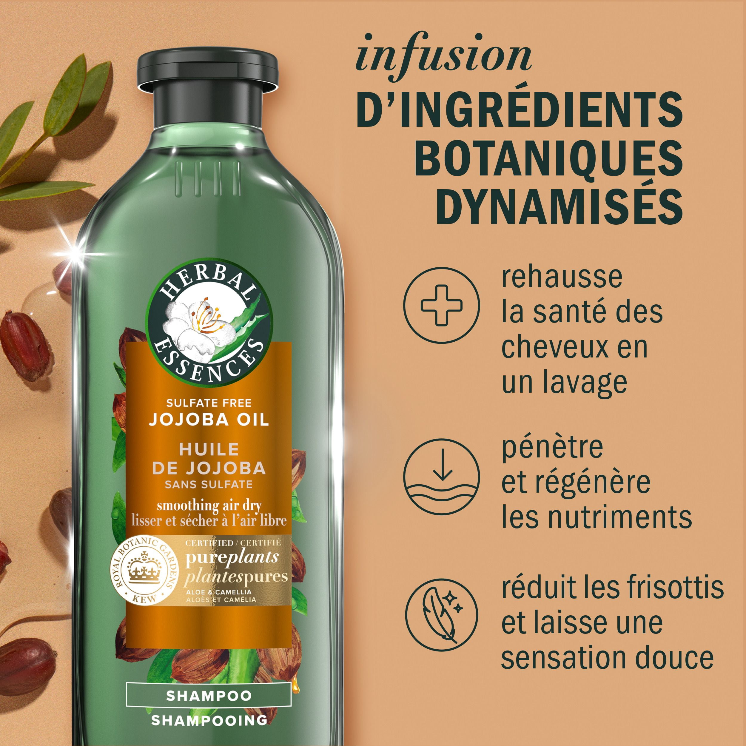 Shampooing sans sulfate Herbal Essences Éclat et douceur à l’huile de jojoba, 400 mL