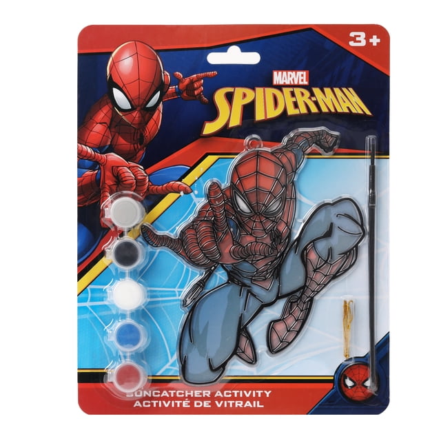 Spider-Man Paint Your Own Suncatcher Craft Kit for Kids featuring a Spider-Man shaped suncatcher with web design, five paint pods in white, black, yellow, blue, and red, a paintbrush, and hanging string on a Marvel-themed blue and red backing card, suitable for creative window art and kids' painting activities.