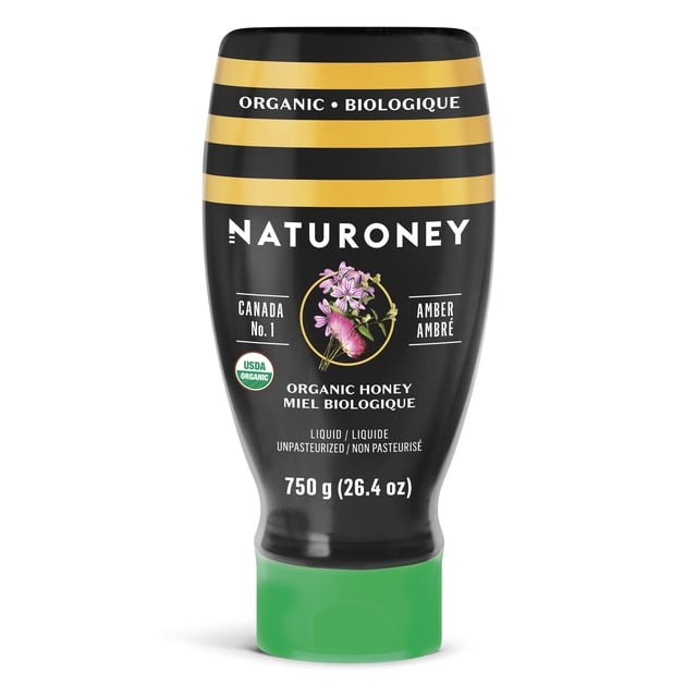 Organic honey by Naturoney in a 750 g (26.4 oz) squeezable bottle with black and yellow stripes and a green cap, labeled as unpasteurized amber honey, USDA organic certified, pure and natural, Canada No. 1 quality.