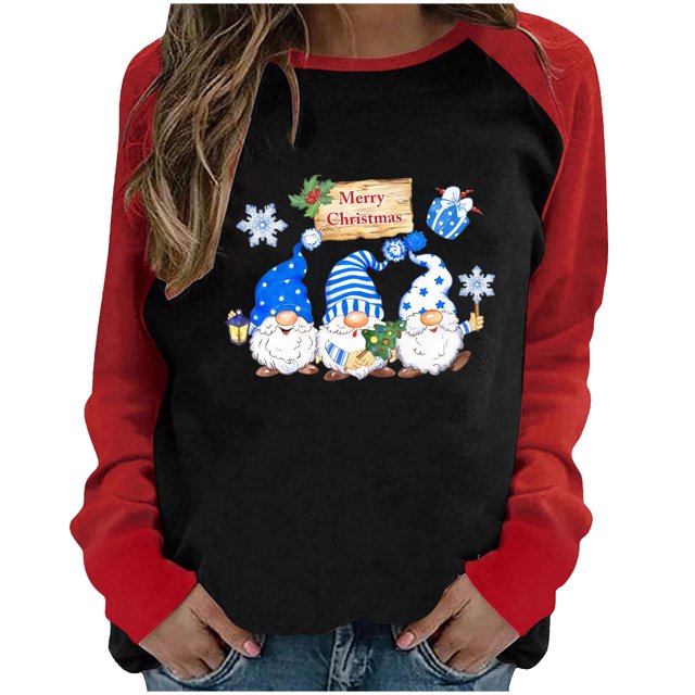 RKSTN Chandail pour Femmes de Noël à Col Rond, Chandail Imprimé du Père Noël, Manches Longues, Blouse Régulière à Empiècements