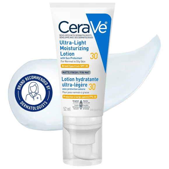 CeraVe Ultra-Light Moisturizing Lotion SPF 30, Oil-Free Face Moisturizer with Ceramides and Hyaluronic Acid, 50mL