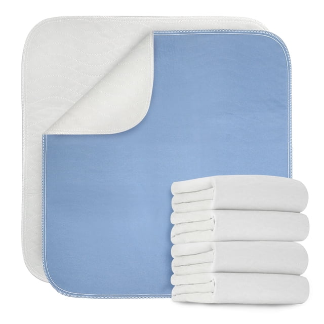 Gogreen Alèses Réutilisables Imperméables, 4 couches à Forte absorption et Alèses Matelassées Lavables en Lot de 4, Mesurant 34 x 36 Pouces. l'Image Montre une Pile de Alèses Blanches Pliées à Côté d'Une Alèse Dépliée avec une Couche Supérieure Bleue et un Dessous Blanc. Conçues pour l'Énurésie, l'Incontinence et la protection des Lits, sofas, Planchers et Canapés. Faites de polyester, de Polyéthylène et d'Une membrane Imperméable en PVC pour une absorption et une Durabilité Maximales