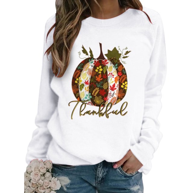 Innerwin L'action de Grâce Tops Citrouille Impression Femmes T-Shirt Parti Cou Ample Tee-Shirt Blanc