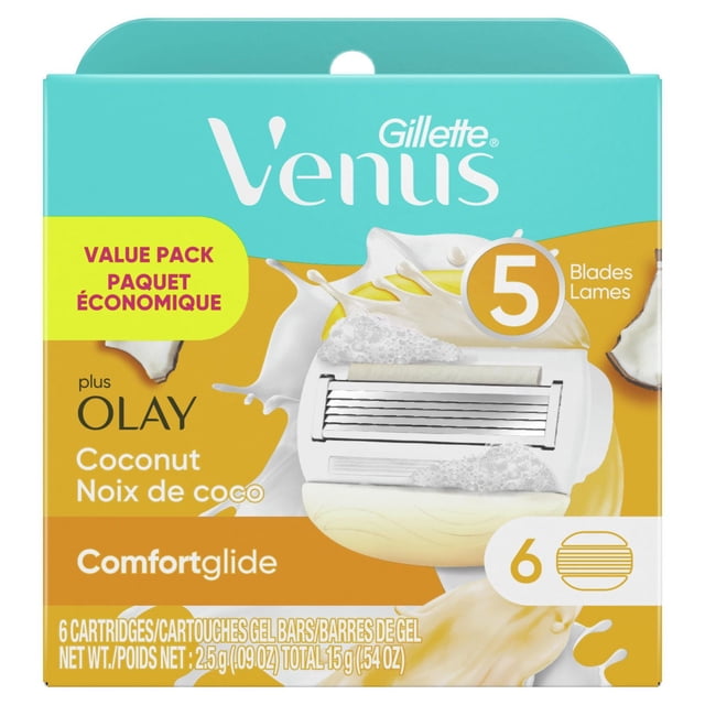 Gillette Venus ComfortGlide plus Olay Coconut Women's Razor Blade Refills value pack with 6 cartridges, each containing 5 blades and Olay moisture bars with a light coconut scent to hydrate skin and provide a smooth, close shave.
