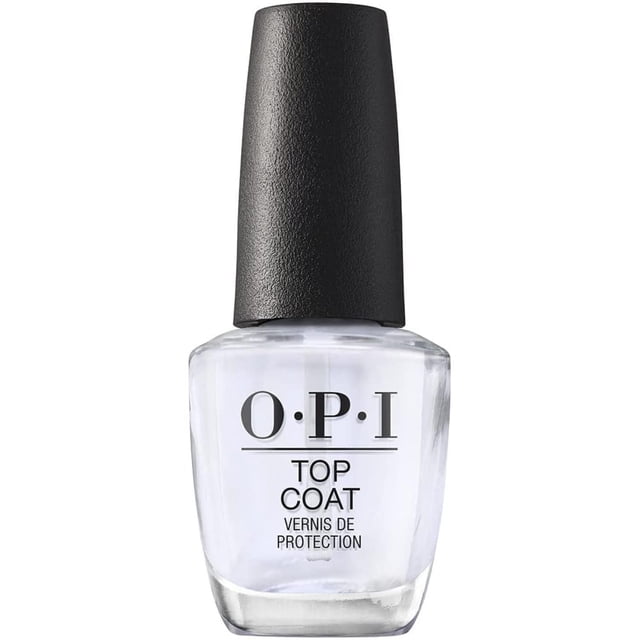 Top Coat by OPI in a clear glass bottle with a black textured cap, featuring a non-yellowing formula that seals nail polish color with a protective high-gloss shine to extend wear in nail care.