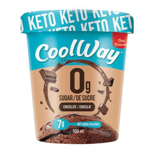CoolWay Chocolate Keto frozen dessert tub with 0g sugar, 7g net carbs, 5g protein, and 500ml volume, featuring a blue lid with repeated 'KETO' text and chocolate pieces on the label, gluten-free and kosher, suitable for low-carb diets.